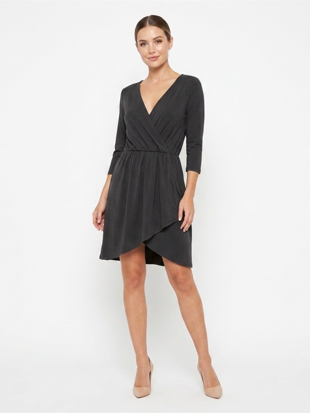 Harper Black Faux-Wrap V-Neck Dress with Three-Quarter Sleeves